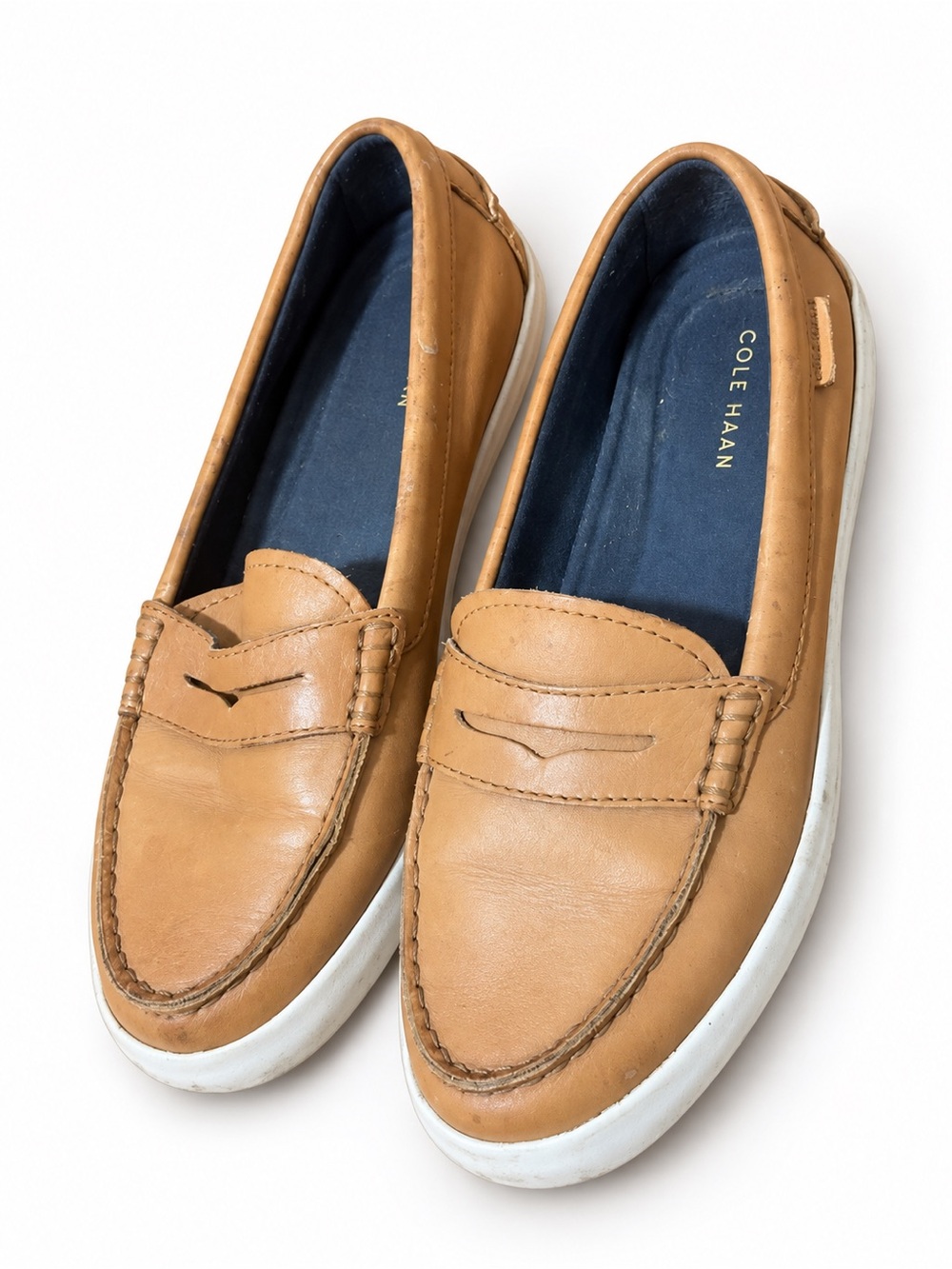 Cole Haan Tan Leather Slip-On Penny Loafers with White Sole